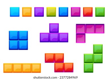 Game bricks set, colorfull blocks, puzzle in cartoon style isolated on white background. Creative detailed shapes
