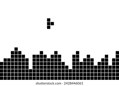 Game bricks tetris template. Black pixel blocks. Monochrome video game tetris background. Flat design vector illustration.