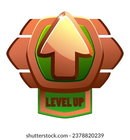 Game bronze level up badge and win icon, shield banner of completed level, Level up icon with a bronze shield for gamer mission completed next level