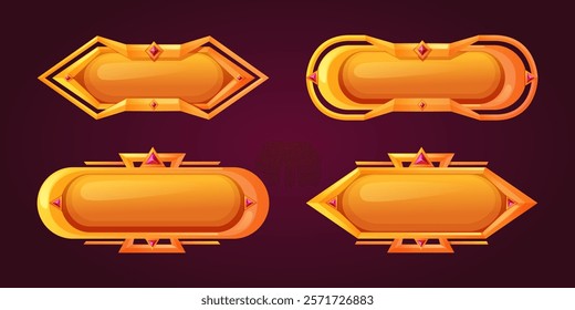 Game button magic collection - golden frames with ruby gem accents. Fantasy interface elements with glossy orange surfaces, geometric shapes and decorative borders for medieval mobile game menu assets