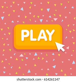 Game button with mouse cursor vector illustration. Confetti background.