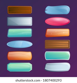 Game button. Option or setting selection video or mobile game menu interface click button different shape and size isolated set illustration. GUI to build design element vector collection