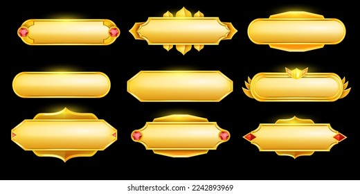 Game button set, fantasy royal RPG interface border, UI avatar text frame kit, golden yellow badge. Decoration shiny medieval collection, winner metal cartoon title label. Jewellery game button assets