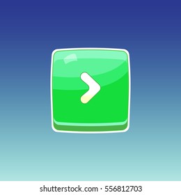 Game button. Single button for gaming interfaces. Green square button. Vector GUI elements for mobile games. Game icon on blue background