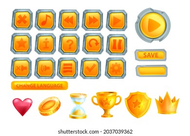 Game button vector set, UI play icon kit, user interface cartoon design element, 2D navigation template. Mobile app badge, golden crown, yellow shield, cup, coin, heart. Square game button assets