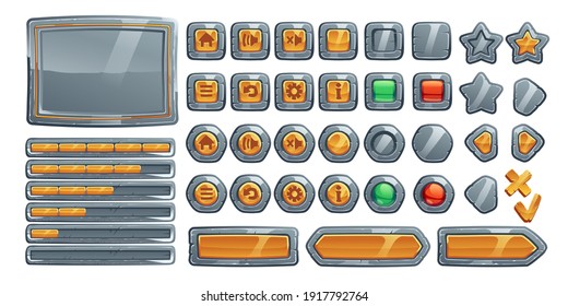 Game buttons, cartoon interface of stone, metal and gold texture. Menu boards, ui or gui design elements. User setting panel with keys isolated on white background, Vector illustration, icons set