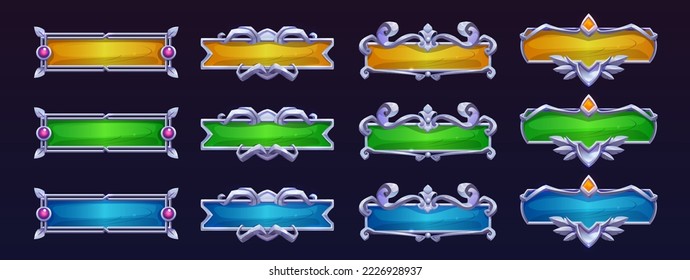 Game buttons with different fantasy silver frames. Blank old green, blue and yellow banners with metal borders with swirls and gems, vector cartoon set isolated on background