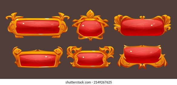 Game buttons with fantasy gold frames. Vector cartoon set of empty old red banners with fancy golden borders. Rpg game user interface elements isolated on background