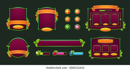 Game buttons and frames with green borders and leaves. Design elements and assets with plants for user interface. Vector cartoon set of bars, check and cross marks and panels