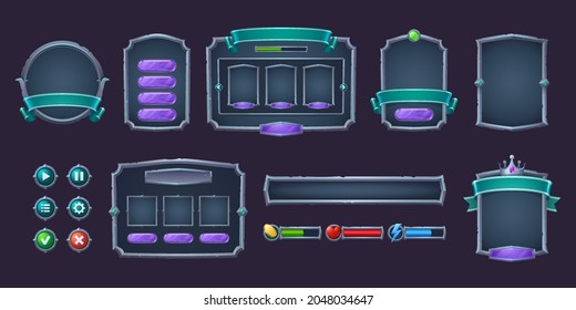 Game buttons and frames with metal border. Design elements and assets for user interface. Vector cartoon set of game ui elements, bars of health, coins and energy, check and cross marks and panels