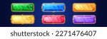 Game buttons from gems and gold frames. Ui interface elements, cute colored crystal banners with golden medieval borders, vector cartoon set isolated on background