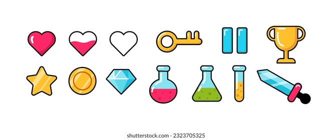 Game buttons in retro style set. Health, experience, money and attack. Coin, heart, potion and golden key. Template, layout and mock up. Cartoon flat vector collection isolated on white background