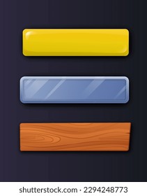 Game buttons set. Golden, wood and glass rectangles. Gui and asset, user interface. Collection of graphic elements for mobile app. Cartoon flat vector illustrations isolated on dark background