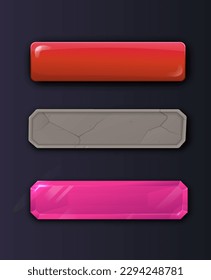 Juego de botones. Rectángulos rojos, grises y rosas. Espacio para el texto y etiquetas en blanco para menús o configuraciones. Interfaz para aplicación móvil. Ilustraciones del vector plano de dibujos animados aisladas en fondo oscuro