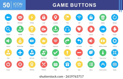 Conjunto de Ícones de Tema dos Botões do Jogo. Uma coleção dinâmica de ícones com início, menu, usuário, recarga e mensagem. Perfeito para aplicativos de jogos, interfaces e projetos de design de jogos digitais.