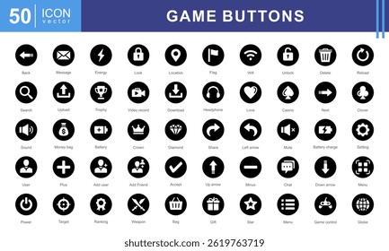 Game Buttons Theme Icon Set. A dynamic collection of icons featuring start, menu, user, reload, and message. Perfect for gaming apps, interfaces, and digital game design projects.
