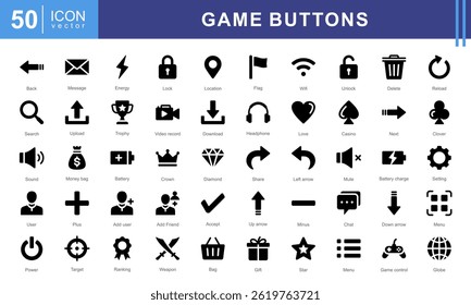 Game Buttons Theme Icon Set. A dynamic collection of icons featuring start, menu, user, reload, and message. Perfect for gaming apps, interfaces, and digital game design projects.