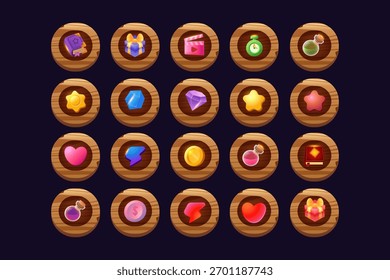 Game buttons of wooden and gold texture cartoon menu interface elements