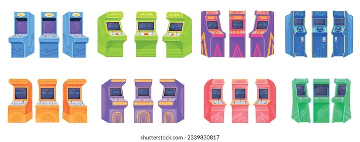 Game cabinet. Cartoon arcade machines in angles perspective, gaming 80s entertainment retro electronic machine for old video games with joystick, neat vector illustration of game machine arcade