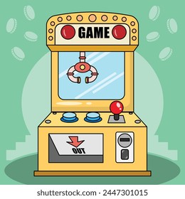 game cabinet, Doll cabinet toy concept. Claw crane machine game. Vector illustration isolated on white background. icon set. thin line 