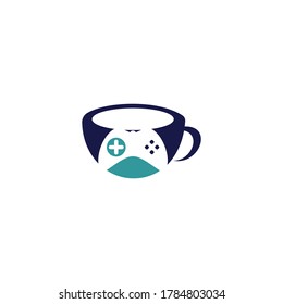 Game cafe logo. game button on coffee cup with typographic