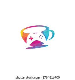 Game cafe logo. game button on coffee cup with typographic