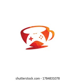 Game cafe logo. game button on coffee cup with typographic