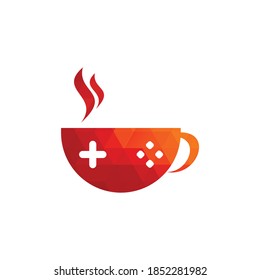 Game cafe logo. game button on coffee cup with typographic