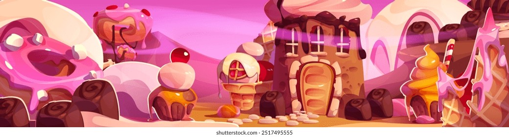 Game candy land scene with royal castle and nature made from cakes and cookies, ice cream in waffle cones and donuts, chocolate confectionery and marshmallow. Cartoon vector sweet dessert landscape.