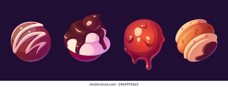 Game candy planet made from sweet dessert. Cartoon vector set of fantasy space galaxy world element for gui level design. Chocolate and caramel, cookie and cake balls. Magic alien yummy planetary.