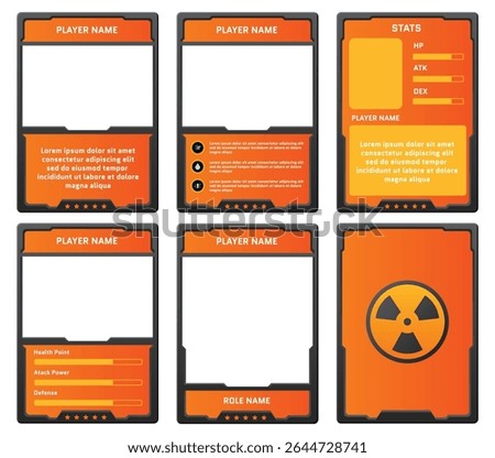 game card template with an advanced nuclear robot or cyberpunk theme, featuring orange and black colors, for trading card, card in game, etc