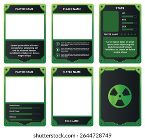 game card template with an advanced robot or cyberpunk theme, featuring dark green and black colors for trading card, card in game, etc