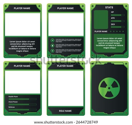 game card template with an advanced robot or cyberpunk theme, featuring dark green and black colors for trading card, card in game, etc