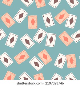Game cards diamonds seamless pattern. Design gambling. Repeated texture in doodle style for fabric, wrapping paper, wallpaper, tissue. Vector illustration.