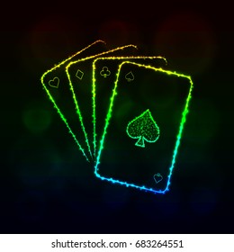 Game cards icon. Four playing cards, casino symbol lights silhouette design on dark background. Vector illustration. Glowing Lines and Points. Gradient color.