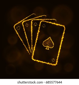 Game cards icon. Four playing cards, casino symbol lights silhouette design on dark background. Vector illustration. Glowing Lines and Points. Gold color.