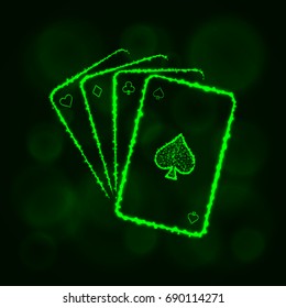 Game cards icon. Four playing cards, casino symbol lights silhouette design on dark background. Vector illustration. Glowing Lines and Points. Green color.