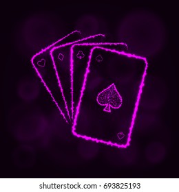Game cards icon. Four playing cards, casino symbol lights silhouette design on dark background. Vector illustration. Glowing Lines and Points. Magenta color.