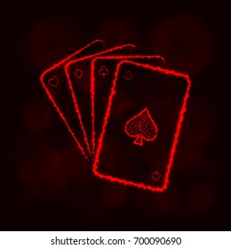 Game cards icon. Four playing cards, casino symbol lights silhouette design on dark background. Vector illustration. Glowing Lines and Points. Red color.