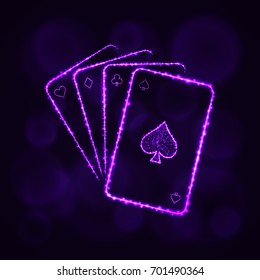 Game cards icon. Four playing cards, casino symbol lights silhouette design on dark background. Vector illustration. Glowing Lines and Points. Violet color.
