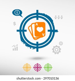 Game cards icon on target icons background. Flat illustration.