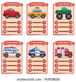 Game cards with with service cars. Vector illustration.