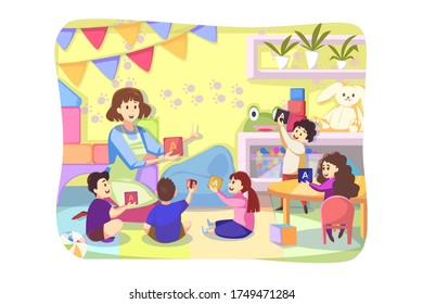 Game, care, kindergarten concept. Young woman teacher playing letter cubes with happy preschoolers kids boys girls together in playroom. Caring about children and education or teaching illustration.