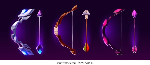 Game cartoon asset of bow and arrow with magical powers. Vector illustration set of fantastic wooden and stone archery weapon with neon glowing decorative elements for various rpg rank or level.