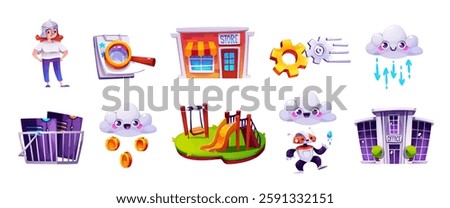 Game cartoon icon set with diverse interface elements. Colorful collection with characters and buildings, tools and interactive objects. Bright stylized assets for mobile gaming applications design.