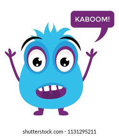 
Game cartoon monster growling and yelling with a message sign and hands up, cartoon character flat icon image 
