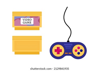 Game cartridge for retro console. 90s video game joystick and yellow cassette isolated. Vector flat illustration of past videogame objects.