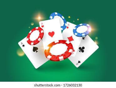 Game casino design template. Flying chips and casino cards. Isolated. Background. Vector illustration