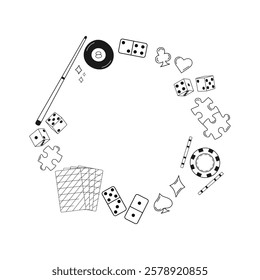 Game and casino elements circle frame. Vector illustration. Pool, dice, domino, poker chips, playing cards, puzzle. Versatile design for gaming, entertainment, casino-themed projects.