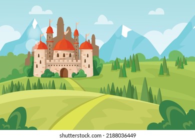 Game castle on hill scene. Magic princess mansion. Road to palace. Fairytale landscape. Mountain panorama. Medieval fortress scenery. Fortified dungeon. Vector cartoon illustration